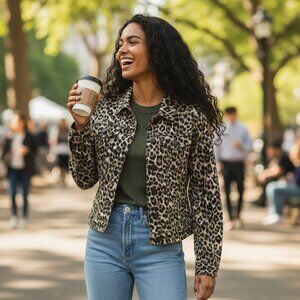 Analogy Jean Jacket NWT Animal Print Leopard Long Sleeves Trendy Women's Size Sm